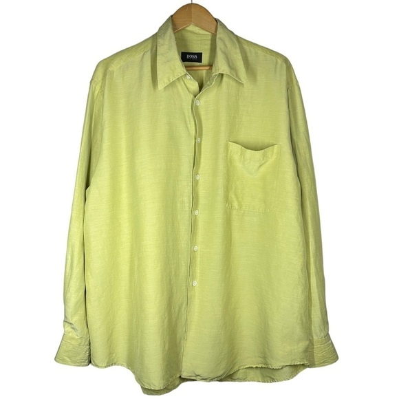 Hugo Boss Silk Linen Button Up Shirt in Lemon Lime XXL - Picture 1 of 8
